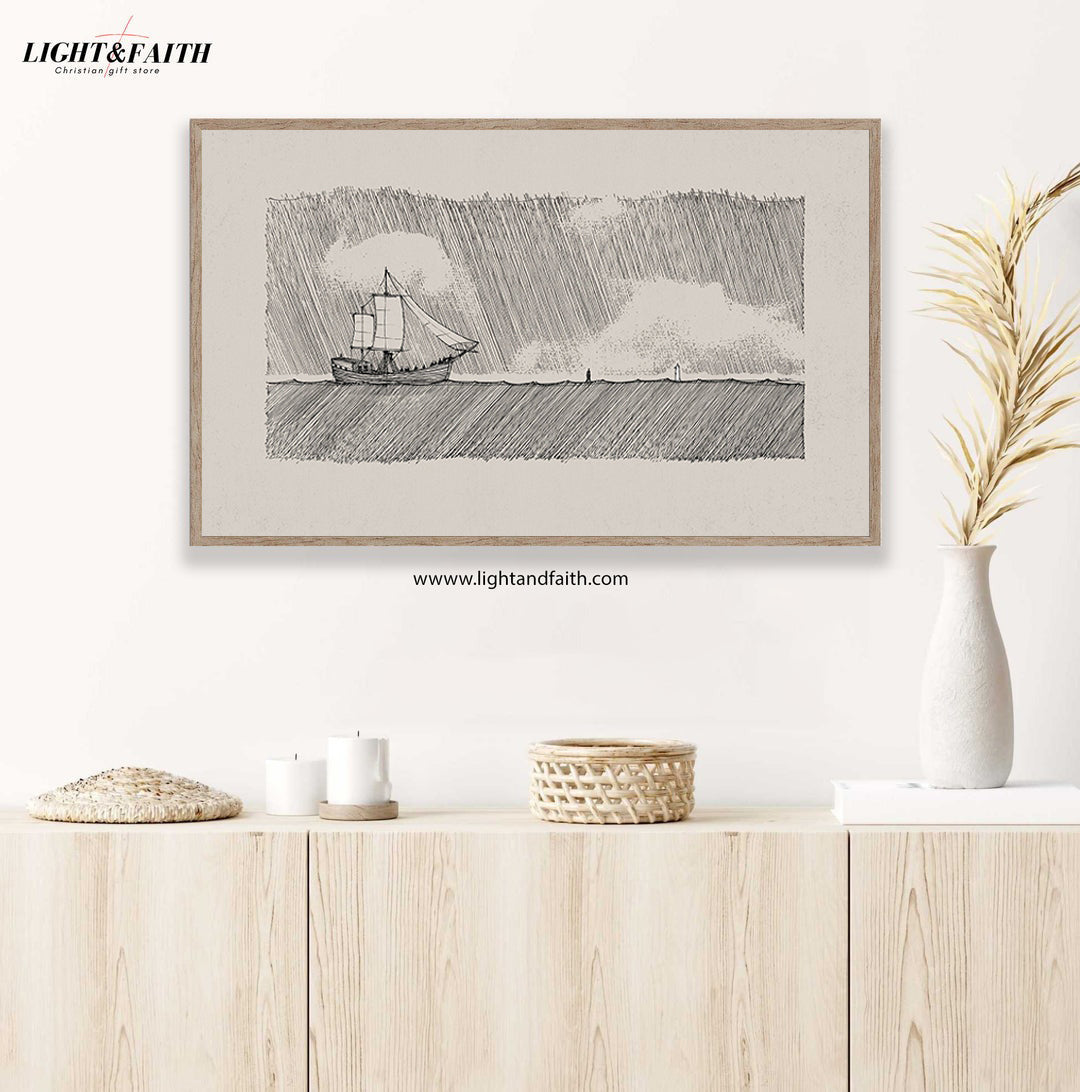Walk on Water Poster, Minimalist Nautical Wall Art, Jesus Miracle Sea Sketch, Faith-Inspired Christian Print, Modern Coastal Home Decor